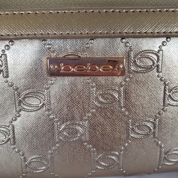 BEBE Rose Gold Signature Zip Around Clutch Wallet Continental Large Long Metalic - Picture 2 of 9